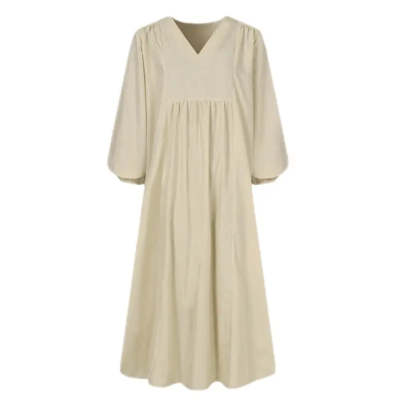 Women Cotton Linen Loose Lantern Sleeve Dress Cream - Image 9
