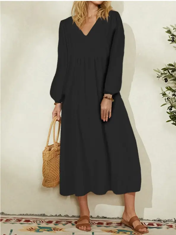 Women Cotton Linen Loose Lantern Sleeve Dress Cream - Image 3