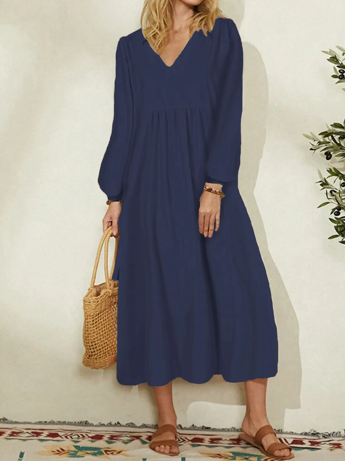 Women Cotton Linen Loose Lantern Sleeve Dress Cream - Image 4