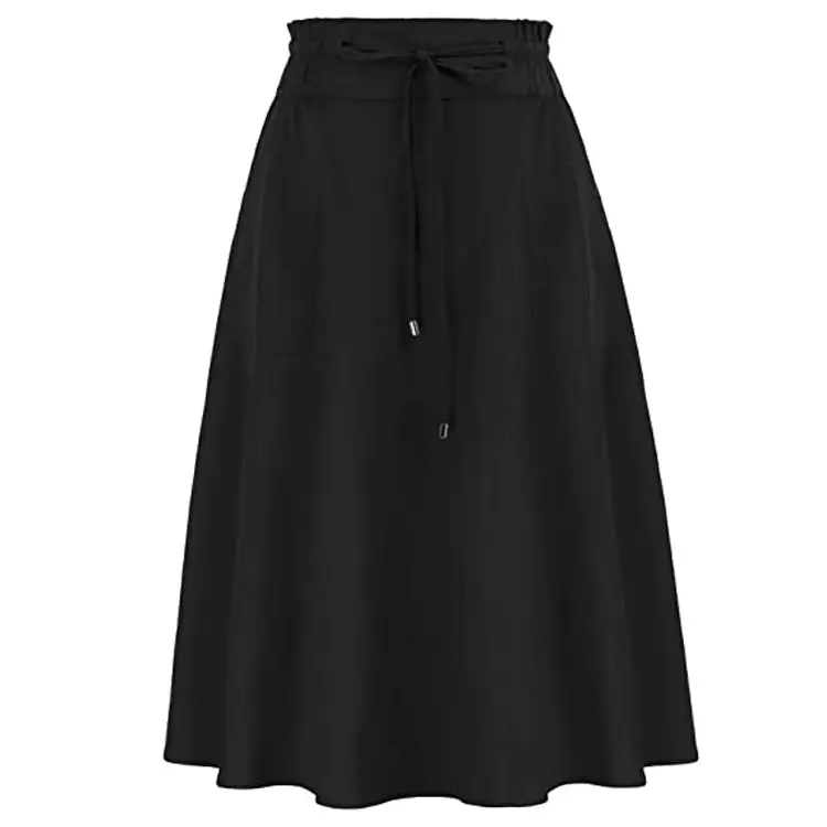 Women's Black Cotton Linen Skirt Mid-length A-shape Spring Pleated - Image 7