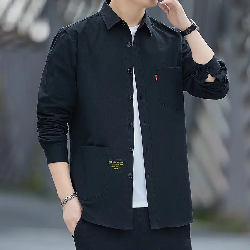 Men's Cotton Long Sleeve Shirt Tan Spring Autumn - Image 4
