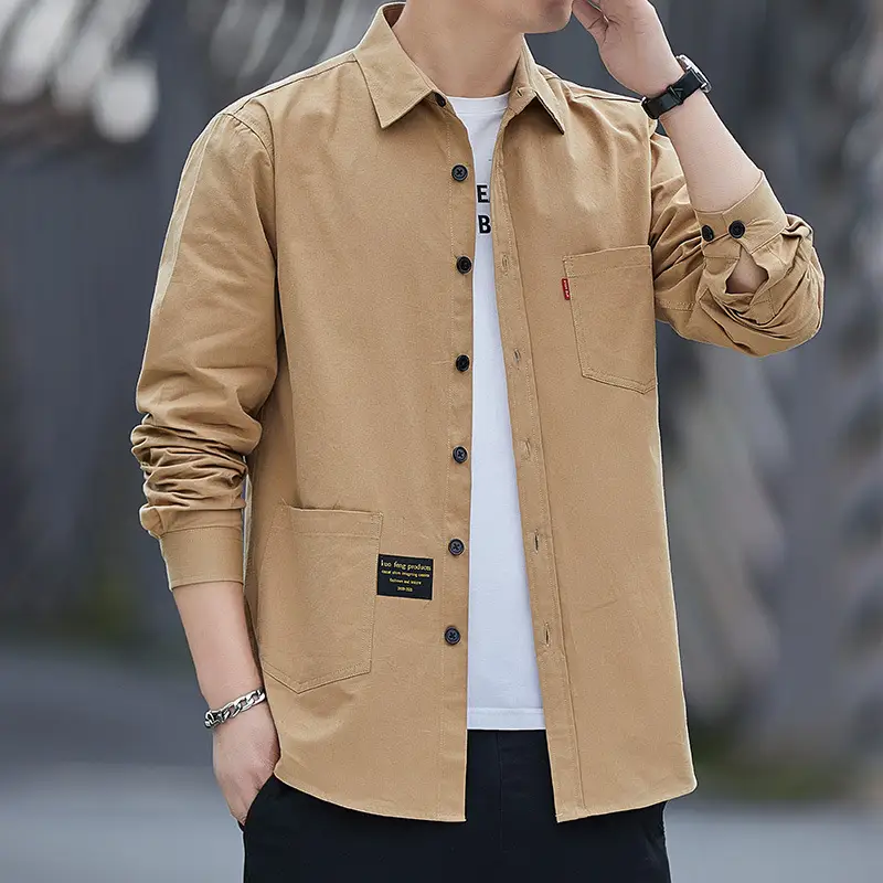 Men's Cotton Long Sleeve Shirt Tan Spring Autumn - Image 3