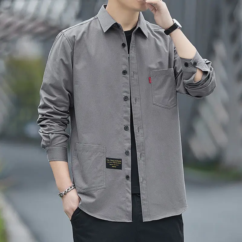 Men's Cotton Long Sleeve Shirt Tan Spring Autumn - Image 2