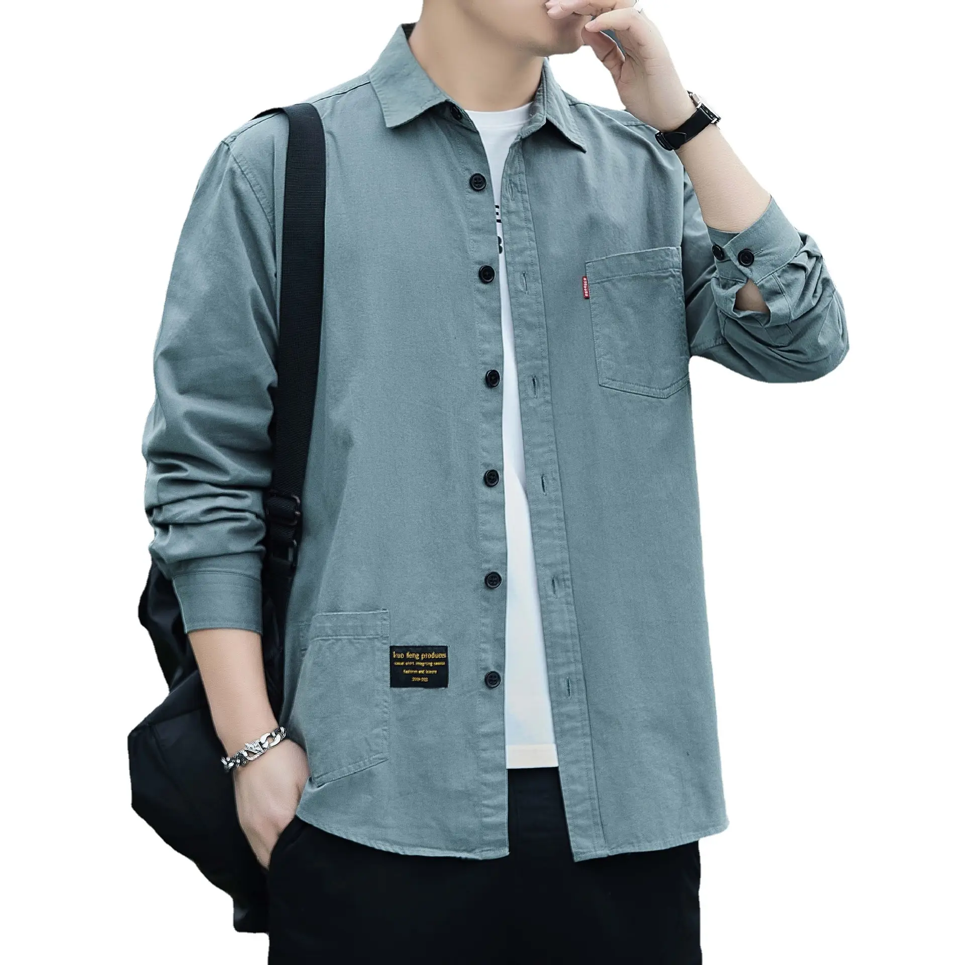 Men's Cotton Long Sleeve Shirt Tan Spring Autumn - Image 6