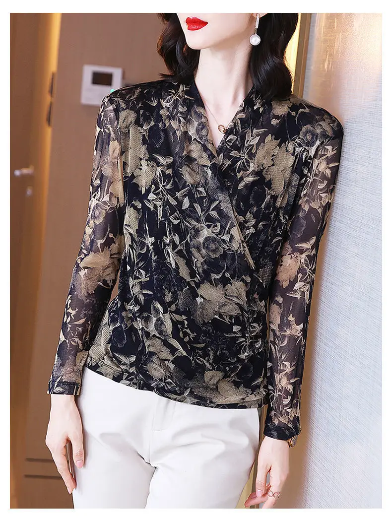Women's Long Sleeve Floral Mesh Top Spring Fall — feature 10