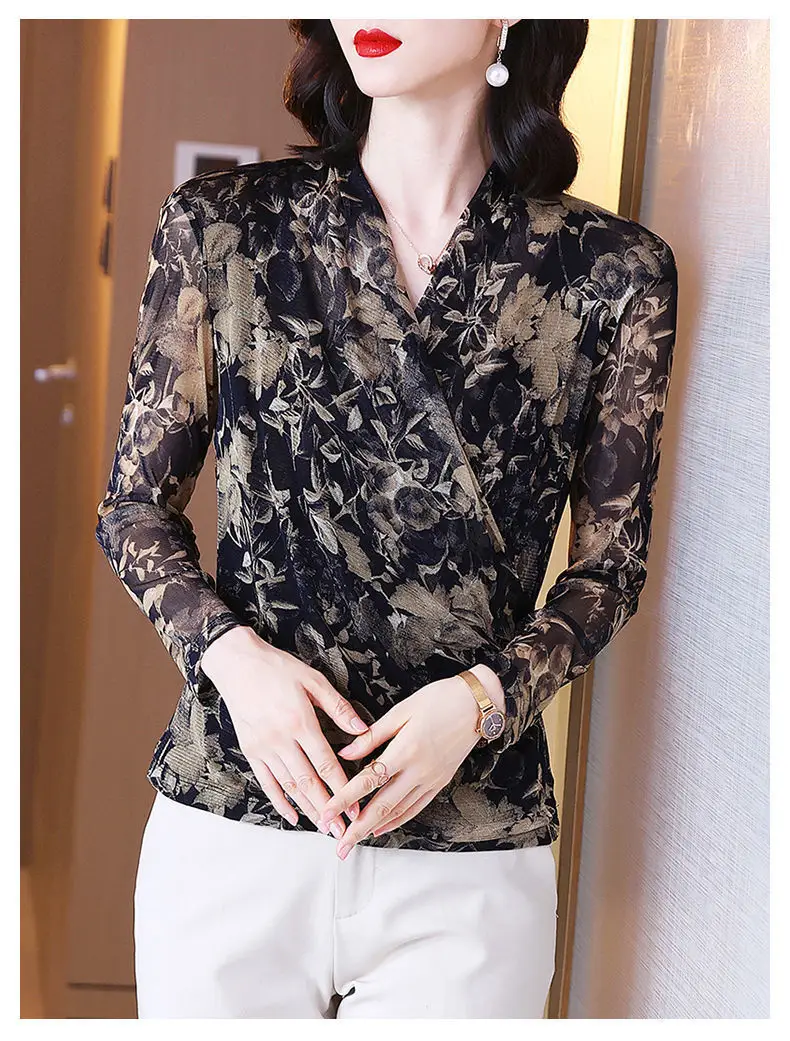 Women's Long Sleeve Floral Mesh Top Spring Fall — feature 11