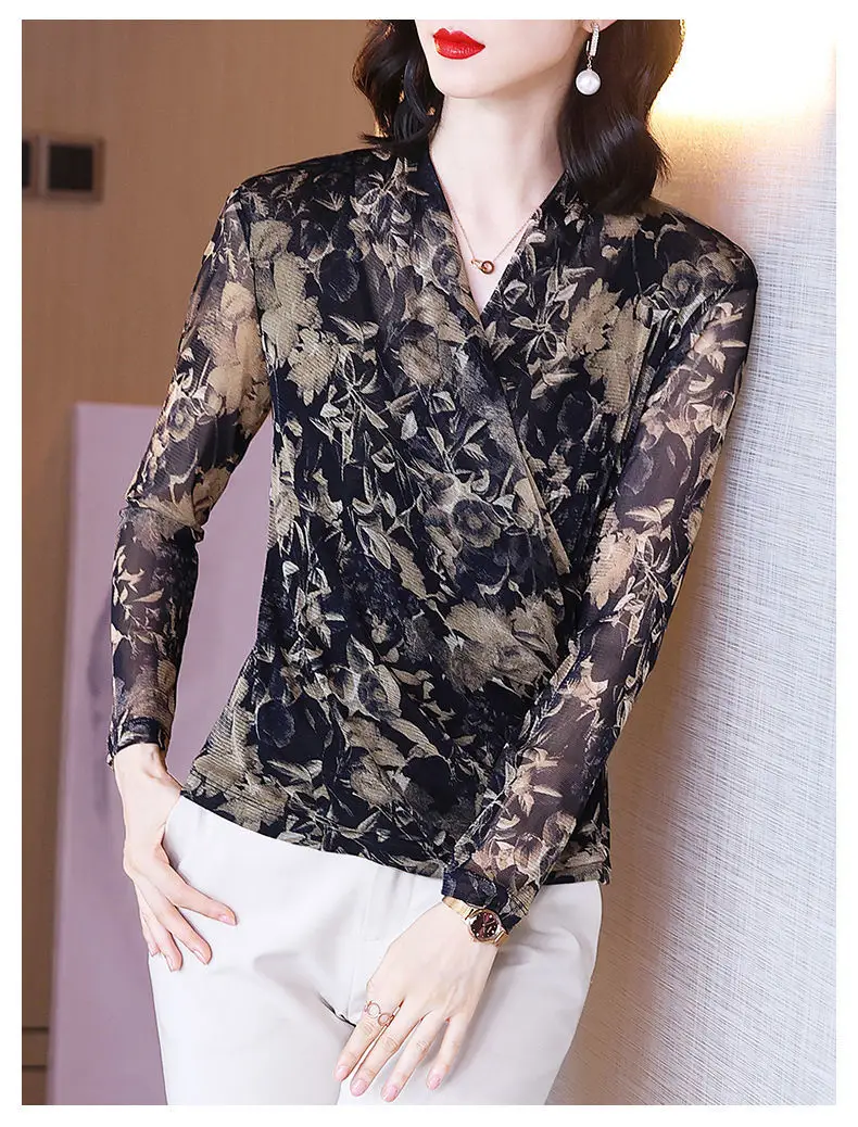 Women's Long Sleeve Floral Mesh Top Spring Fall — feature 12