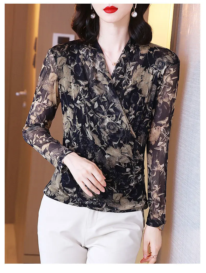 Women's Long Sleeve Floral Mesh Top Spring Fall — feature 7