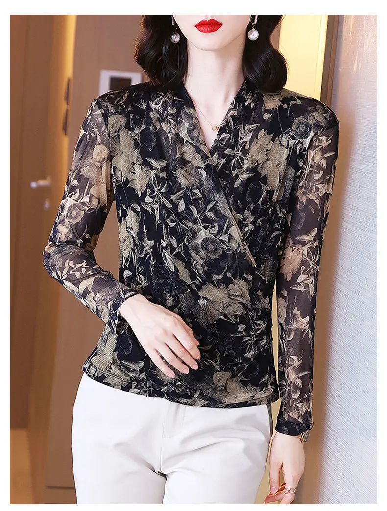 Women's Long Sleeve Floral Mesh Top Spring Fall — feature 9