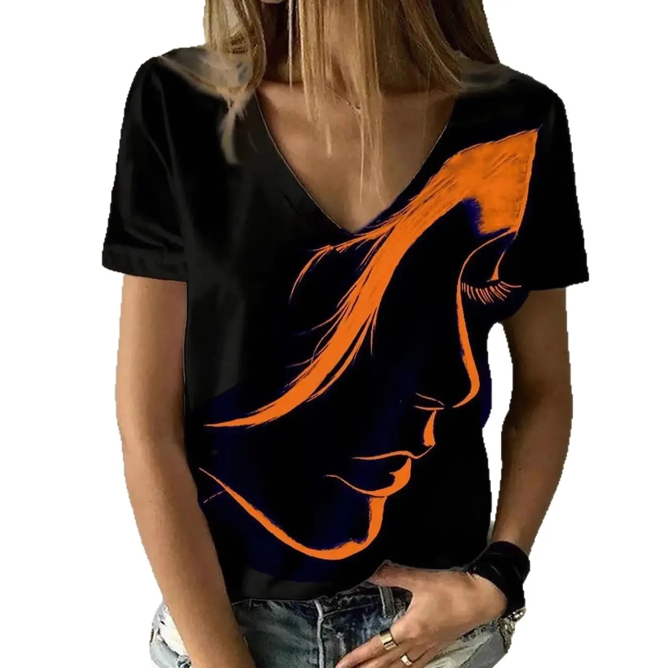 2022 Burned Flower V-Neck T-Shirt Women Black - Image 12