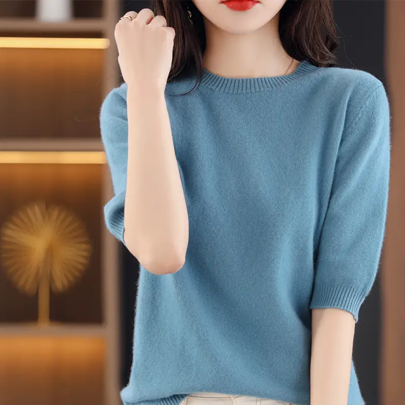 Women Wool Knitted T-Shirt Grey Plus Size Round Neck - Image 12