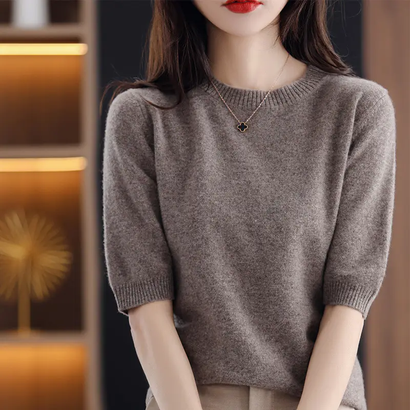 Women Wool Knitted T-Shirt Grey Plus Size Round Neck - Image 13