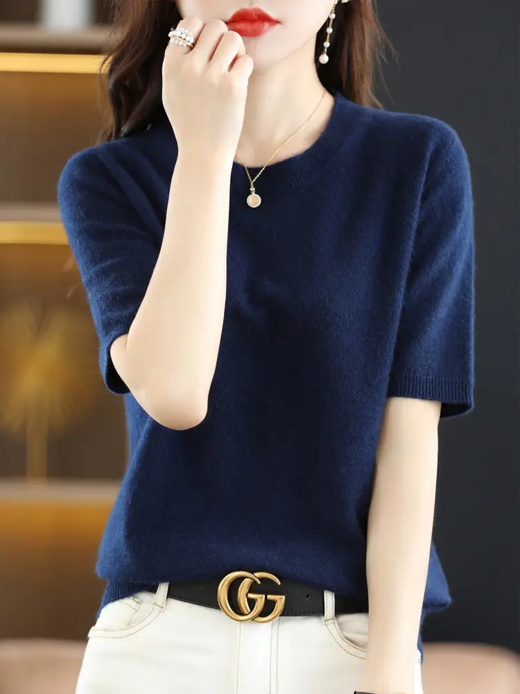 Women Wool Knitted T-Shirt Grey Plus Size Round Neck - Image 11