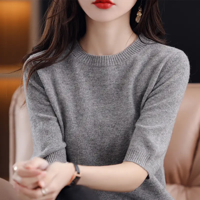 Women Wool Knitted T-Shirt Grey Plus Size Round Neck - Image 2