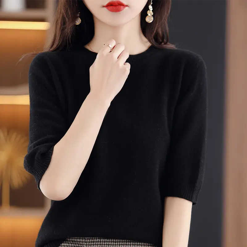 Women Wool Knitted T-Shirt Grey Plus Size Round Neck - Image 3