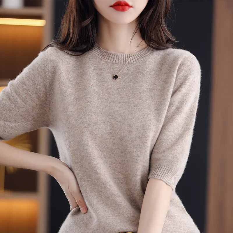 Women Wool Knitted T-Shirt Grey Plus Size Round Neck - Image 4