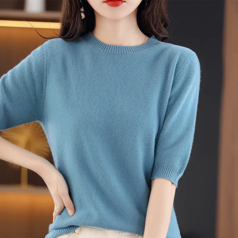 Women Wool Knitted T-Shirt Grey Plus Size Round Neck - Image 5