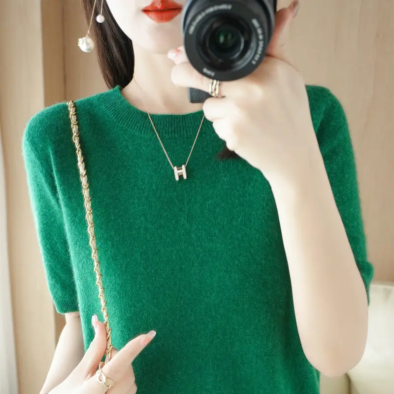 Women Wool Knitted T-Shirt Grey Plus Size Round Neck - Image 8