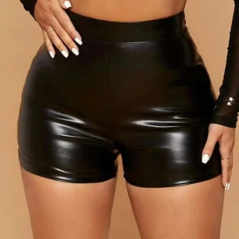 Black Slim Fit High Waist Leather Shorts for Women