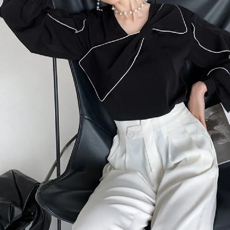 Black Chiffon Long Sleeve Collar Shirt with White Pants