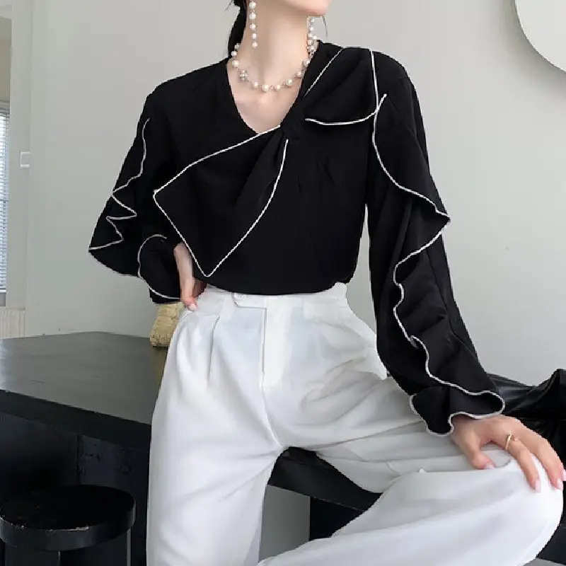 Black Chiffon Long Sleeve Collar Shirt with White Pants