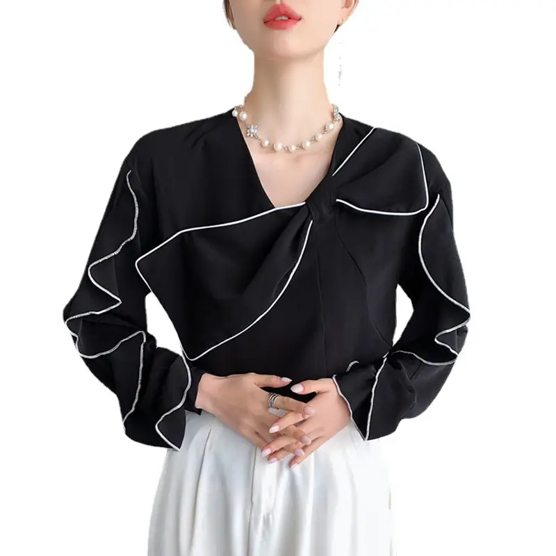 Black Chiffon Long Sleeve Collar Shirt with White Pants