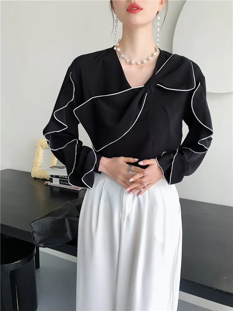 Black Chiffon Long Sleeve Collar Shirt with White Pants — feature 1