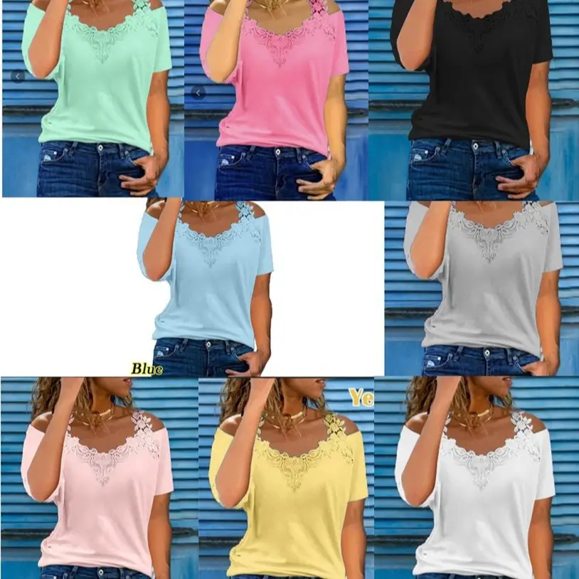 Women's Pink Lace V Neck T-Shirt European Size - Image 12