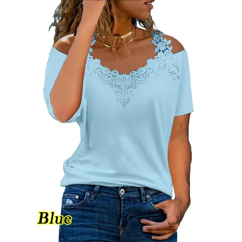 Women's Pink Lace V Neck T-Shirt European Size - Image 14