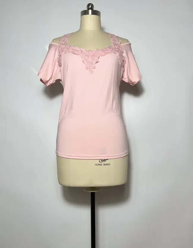 Women's Pink Lace V Neck T-Shirt European Size - Image 2