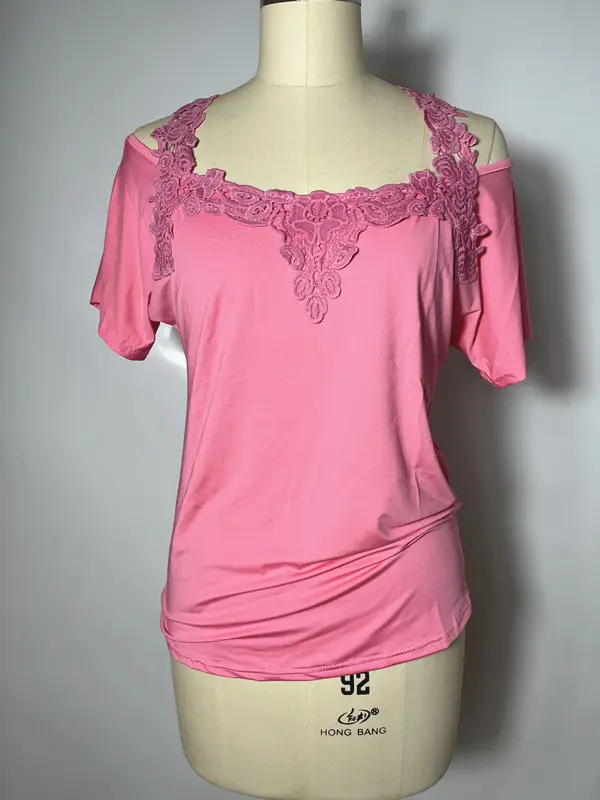 Women's Pink Lace V Neck T-Shirt European Size - Image 5