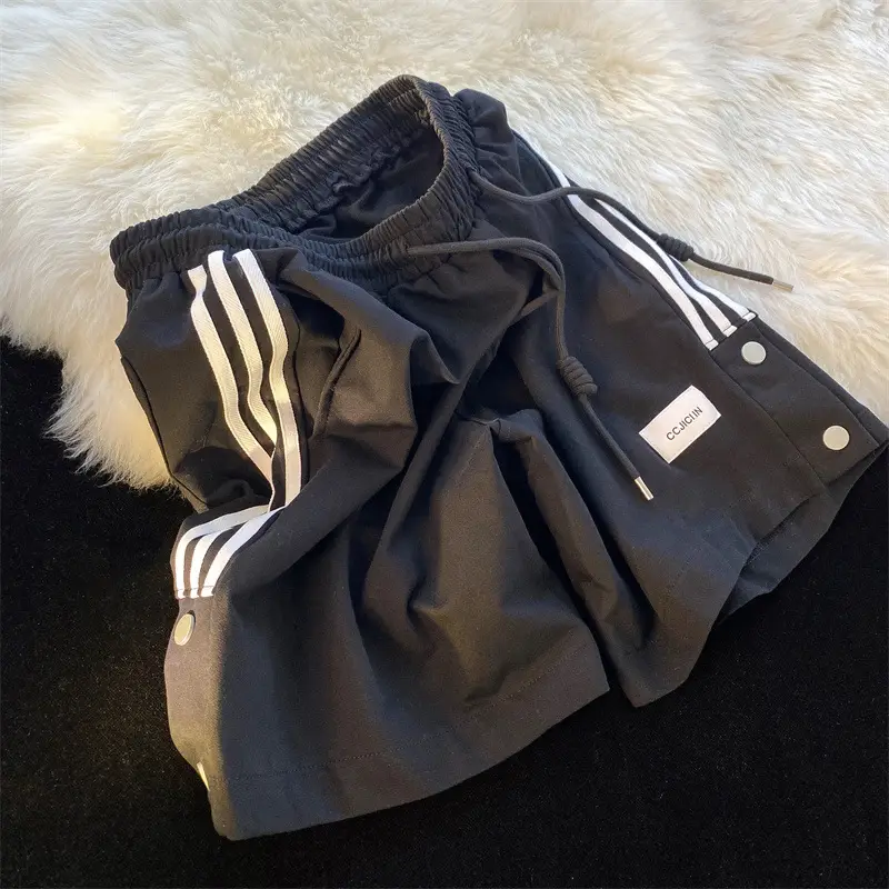 Men Black Adidas Style Shorts with 3 Stripes - Image 2