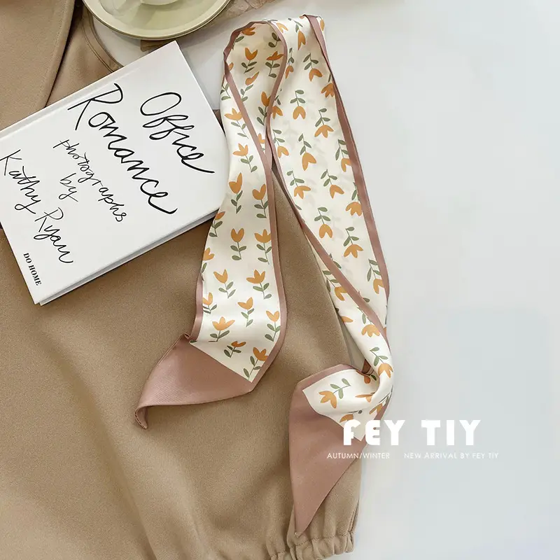 Advanced Khaki Silk Scarf with Floral Ribbon for Women - Image 8