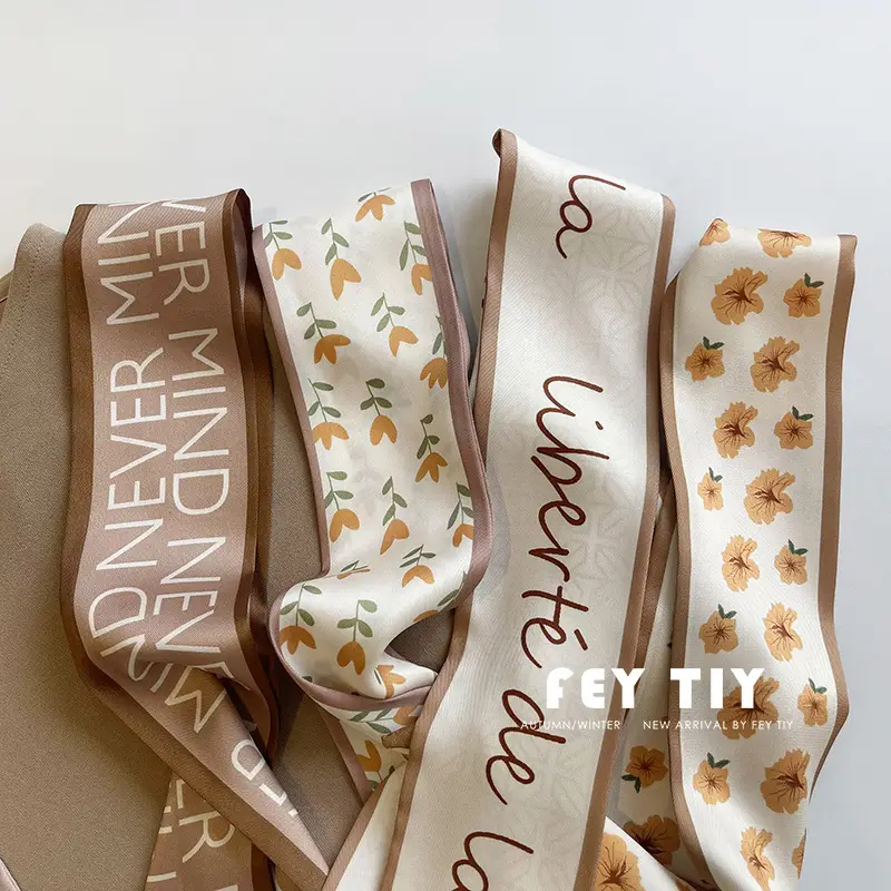 Advanced Khaki Silk Scarf with Floral Ribbon for Women - Image 9