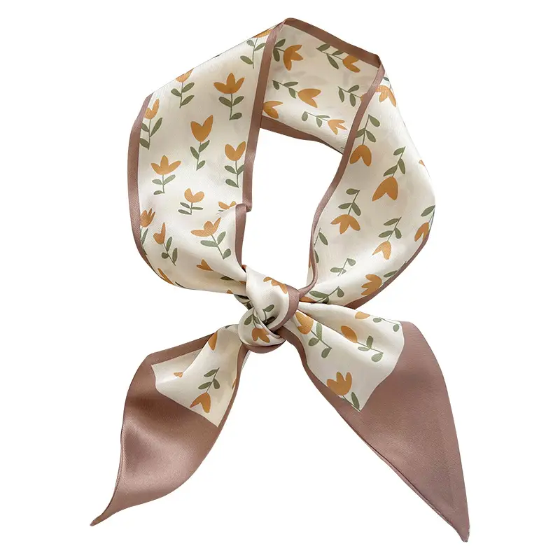 Advanced Khaki Silk Scarf with Floral Ribbon for Women - Image 10