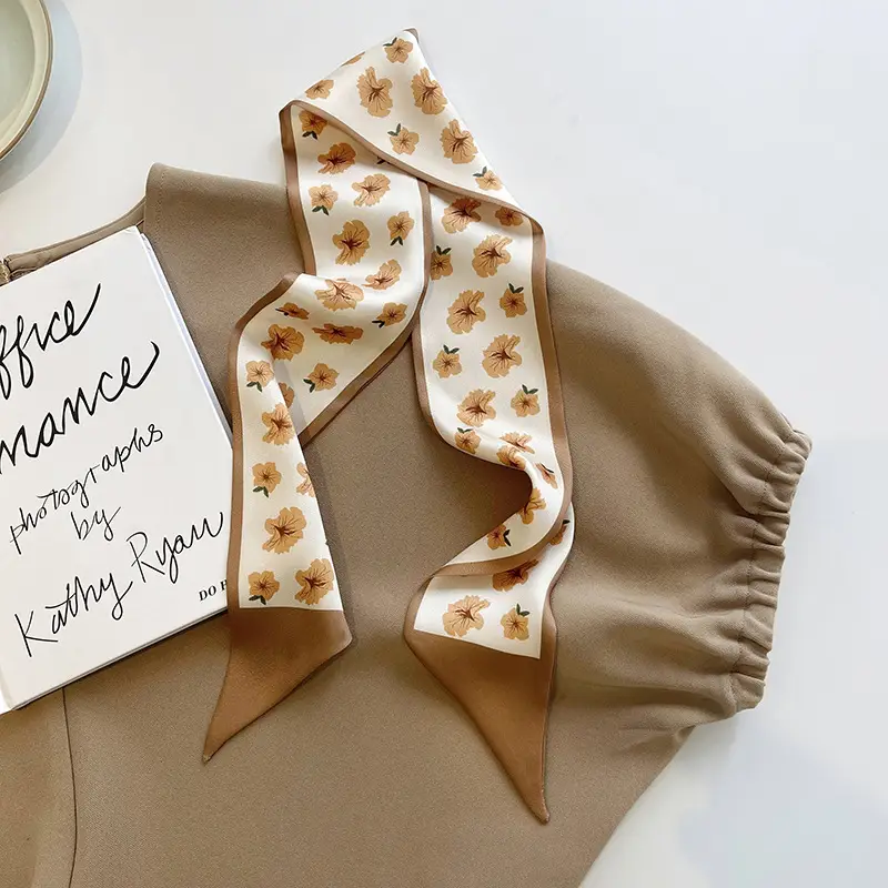 Advanced Khaki Silk Scarf with Floral Ribbon for Women - Image 5