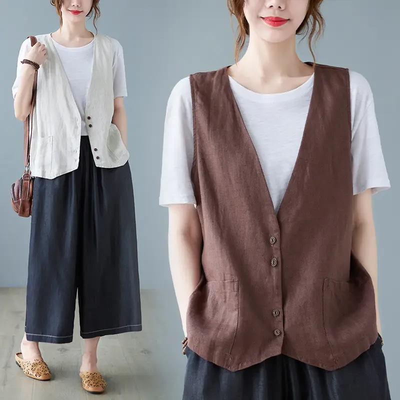 Women Sleeveless Vest Tan 2025 Summer Casual Loose Fit