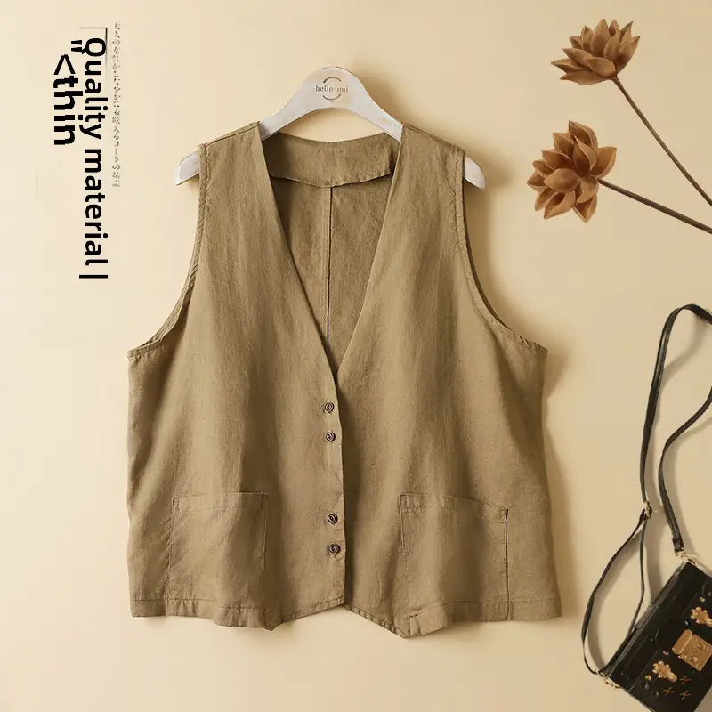 Women Sleeveless Vest Tan 2025 Summer Casual Loose Fit