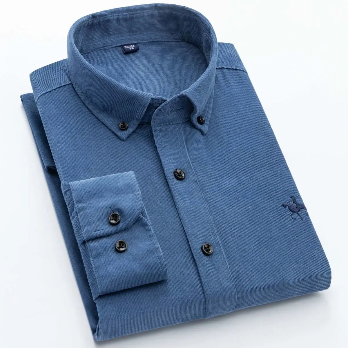 Men Cotton Corduroy Shirt Light Blue Button Front - Image 12