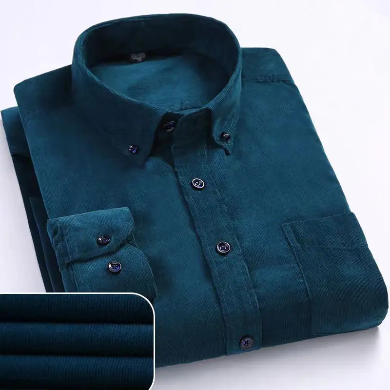 Men Cotton Corduroy Shirt Light Blue Button Front - Image 5
