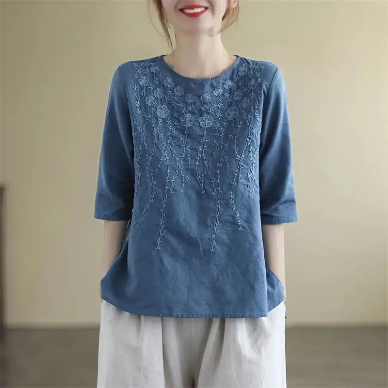 Women Cotton Linen Embroidered T-Shirt Pink - Image 3