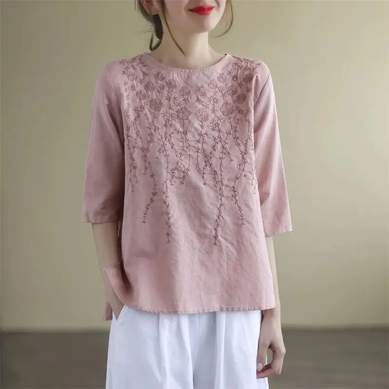 Women Cotton Linen Embroidered T-Shirt Pink - Image 2