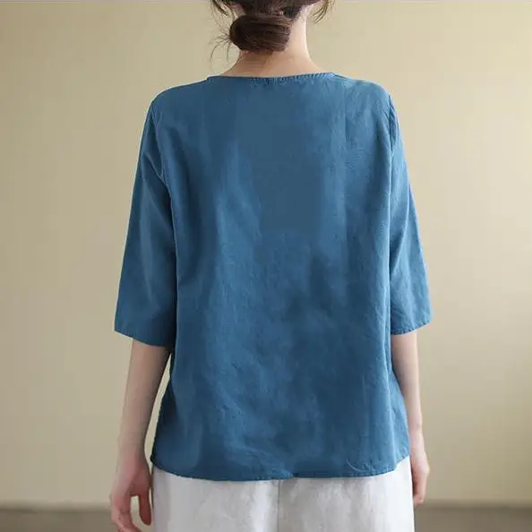 Women Cotton Linen Embroidered T-Shirt Pink - Image 4