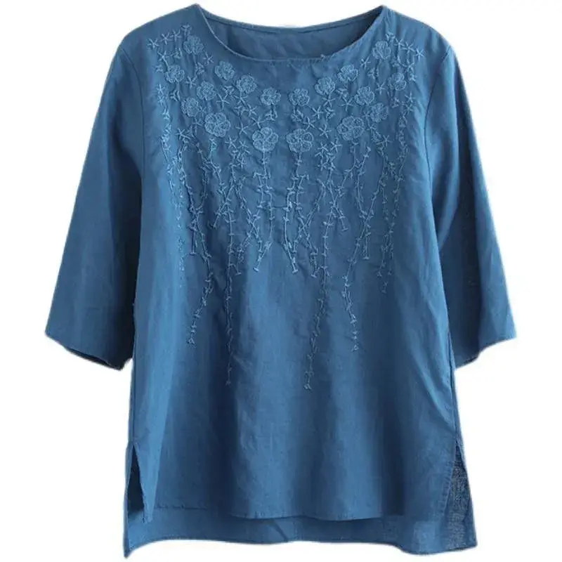 Women Cotton Linen Embroidered T-Shirt Pink - Image 5