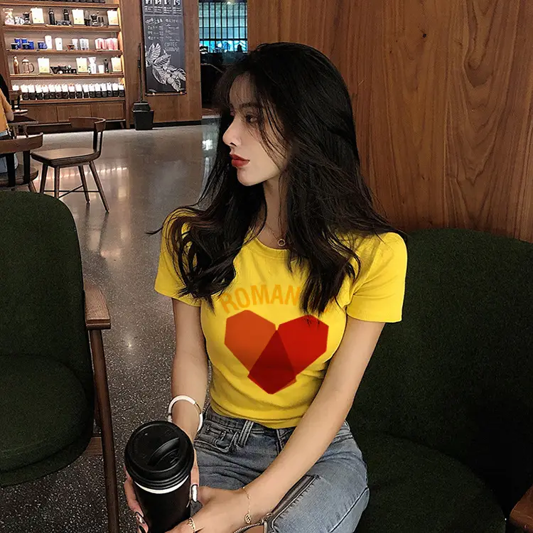 Women Yellow Heart Print Short T-Shirt 2025 - Image 6