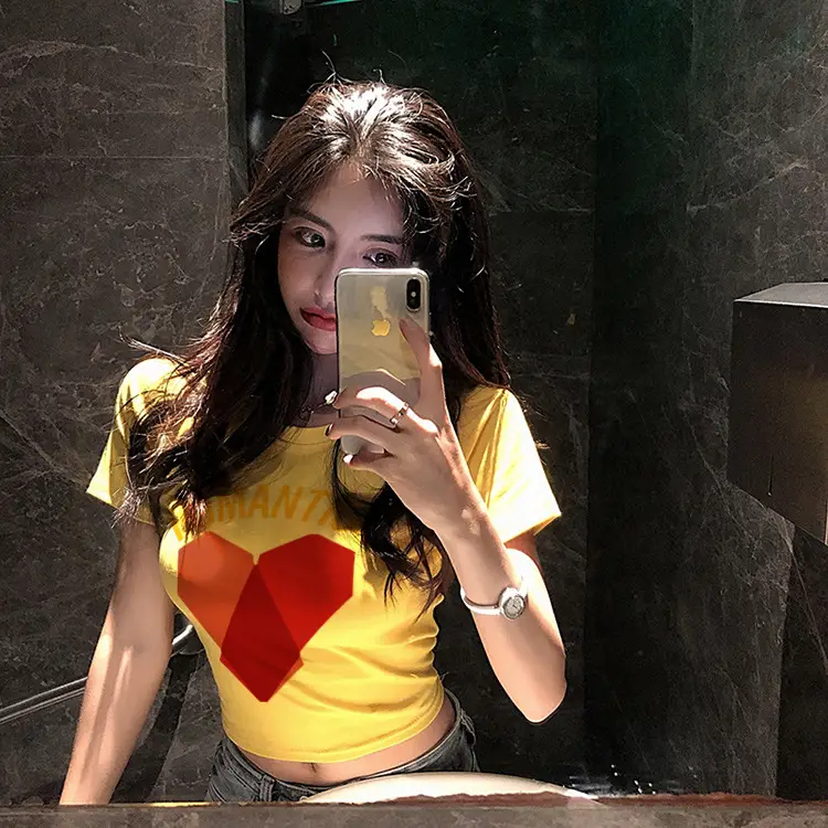 Women Yellow Heart Print Short T-Shirt 2025 — feature 15