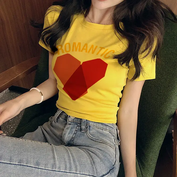 Women Yellow Heart Print Short T-Shirt 2025 - Image 2