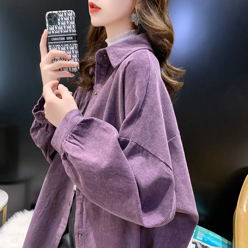 Women Korean Commuter Coat Corduroy Lapel Long Sleeve Shirt - Image 5
