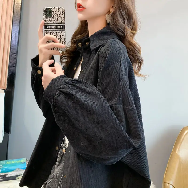 Women Korean Commuter Coat Corduroy Lapel Long Sleeve Shirt - Image 7