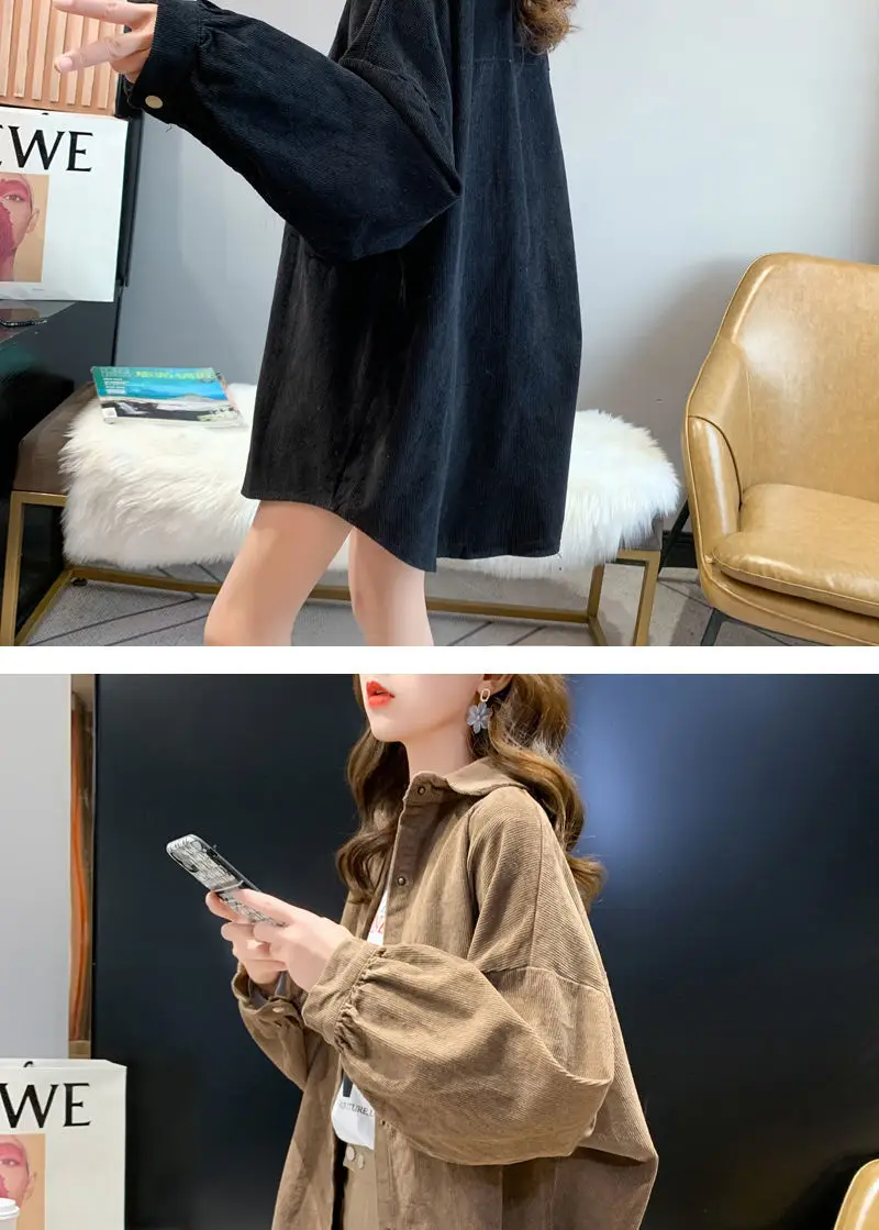 Women Korean Commuter Coat Corduroy Lapel Long Sleeve Shirt — feature 11